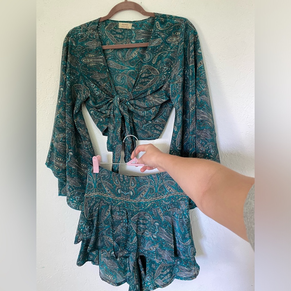 Two piece silk v neck top and shorts size M tie front crop top bell sleeves